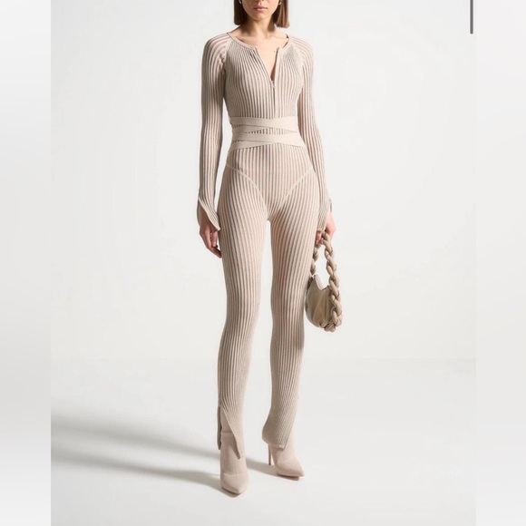 Maniere De Voir Pants - Beige Ribbed Knit Jumpsuit
Maniere De Voir